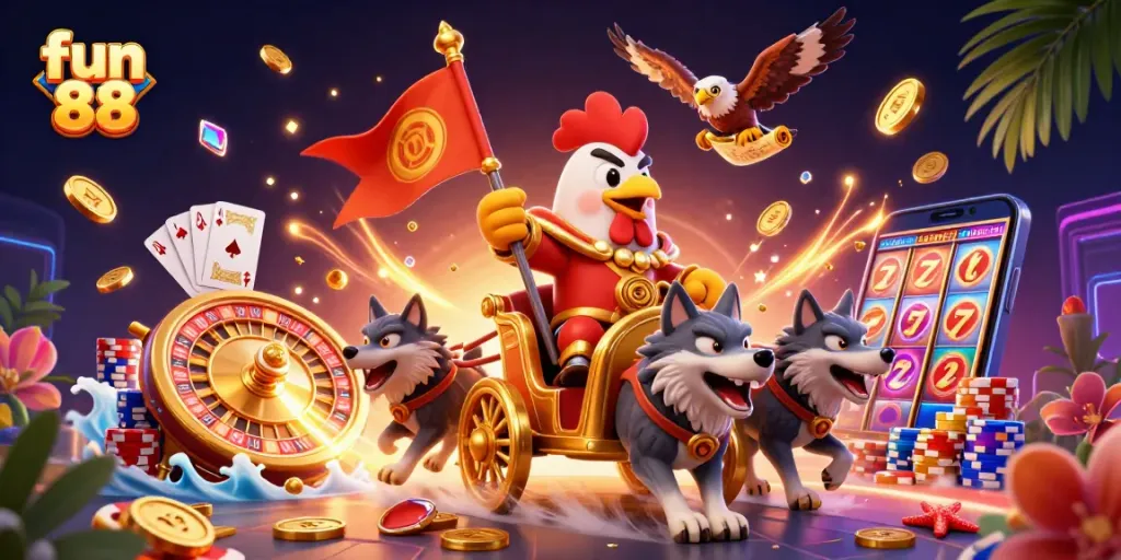 Experience fun 88 with a vibrant 3D scene featuring gaming elements and characters.