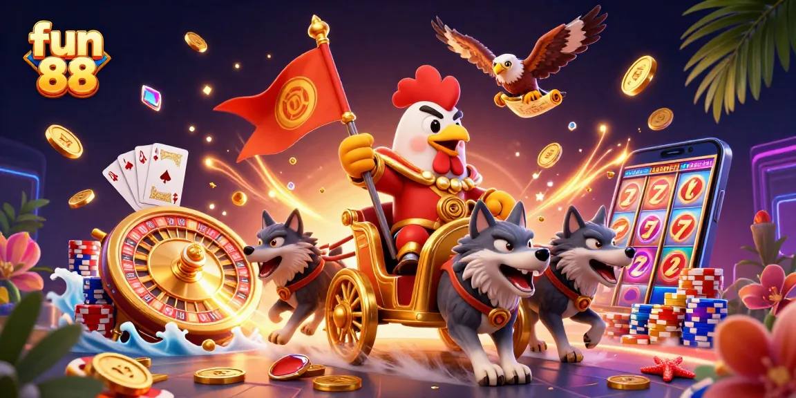 Experience fun 88 with a vibrant 3D scene featuring gaming elements and characters.