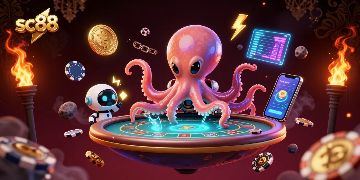 Experience thrilling gameplay at sc88 as the galactic octopus plays poker with its robot friend amidst floating crypto coins.