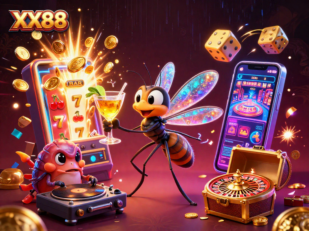 Spin the slots at XX88 with a lively 3D casino scene featuring unique characters and vibrant game elements.