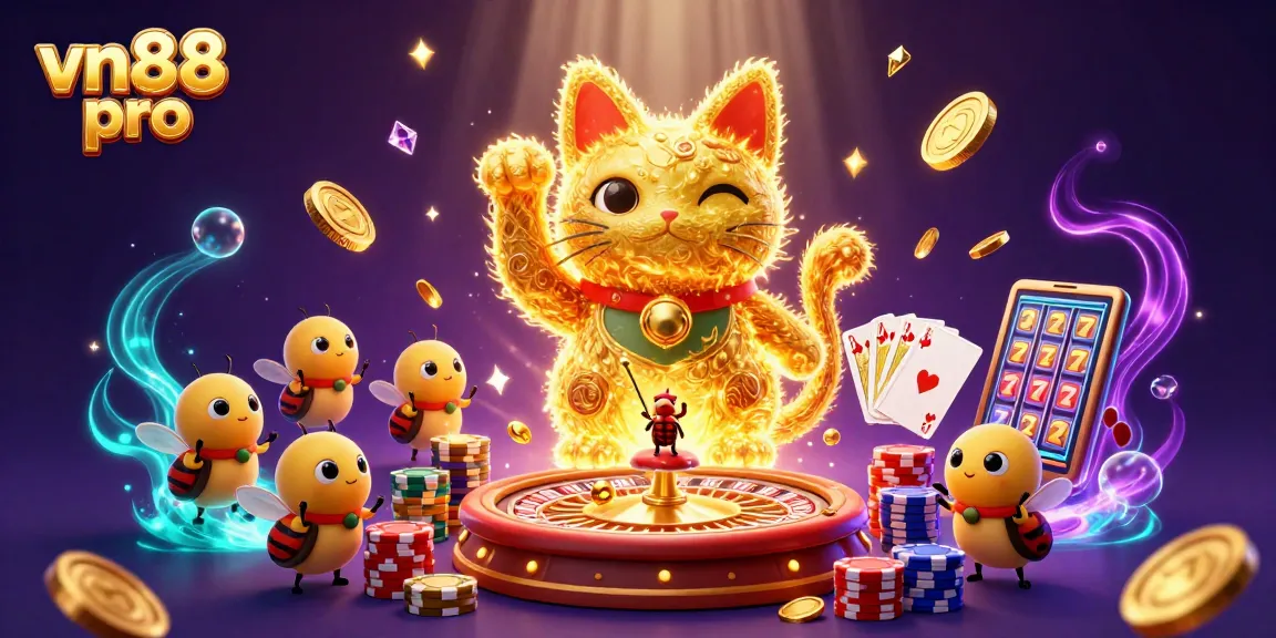 Experience the magical atmosphere of vn88 pro with a lucky cat and dynamic casino elements.