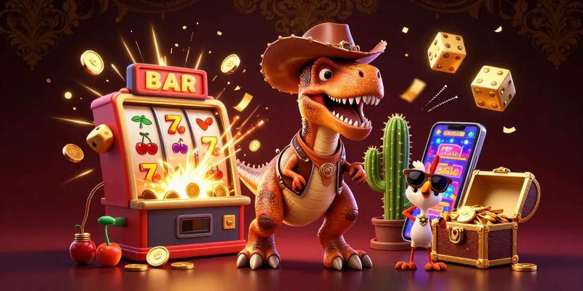 Experience thrilling game bài đổi thưởng action with a T-Rex dinosaur and exciting casino elements in a vibrant illustration.