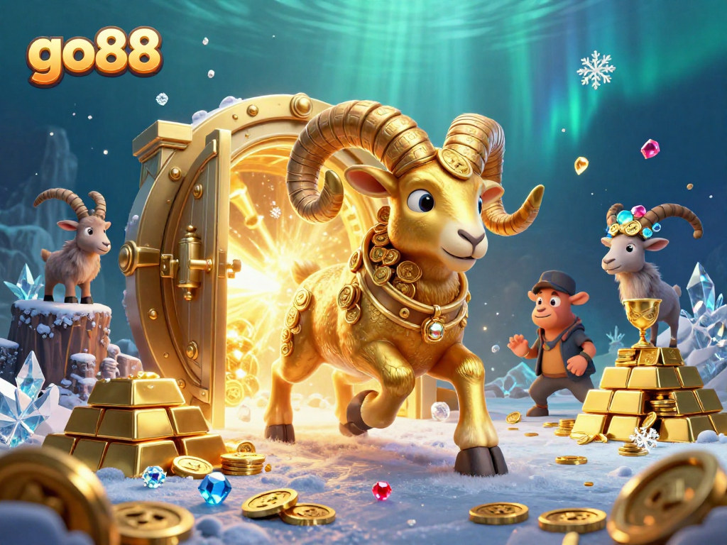 Experience the excitement of go88 with the golden ram charging through a vault of treasures.