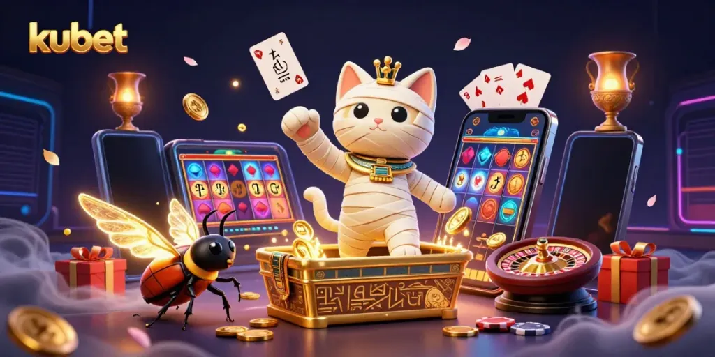 Kubet casino experience with a mummy cat, scarab beetle, and vibrant gaming elements.