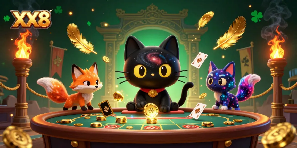Experience thrilling gameplay at XX8 with a cosmic cat and colorful fox in a vibrant casino scene.