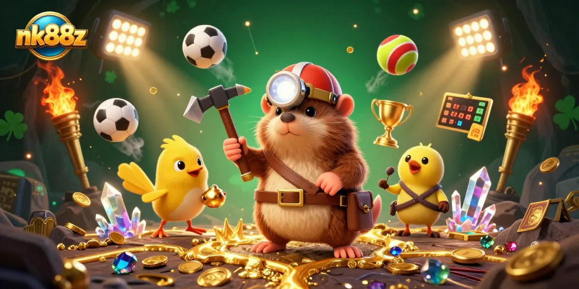 Win big with nk88z in this vibrant 3D illustration showcasing dynamic gambling and betting elements.