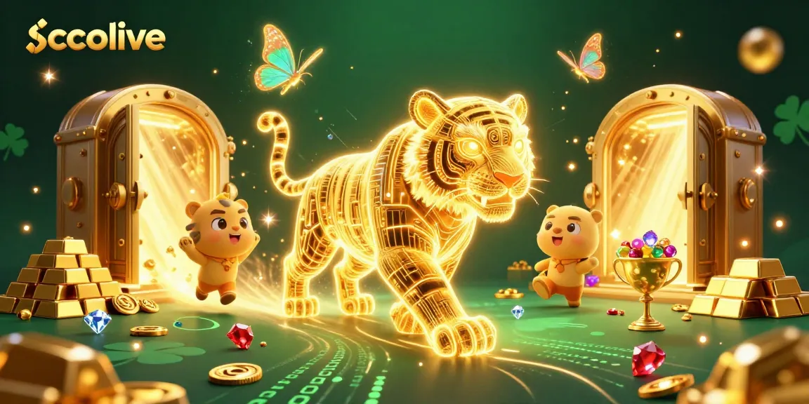 Socolive showcases a vibrant digital casino scene with a glowing golden tiger and treasures, highlighting excitement in gaming.