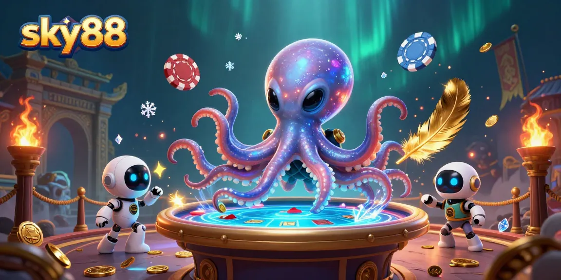 Experience thrilling gameplay action with sky88 as a cartoon alien octopus operates a holographic poker table.