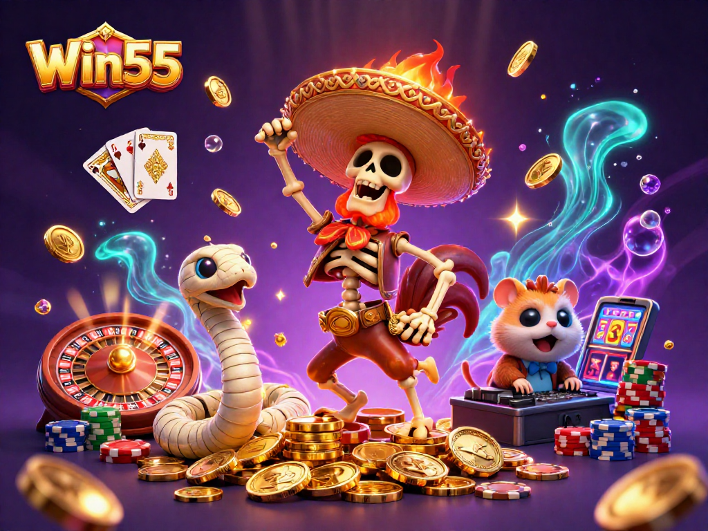 Win55 animated illustration with vibrant characters celebrating on coins, showcasing casino excitement.