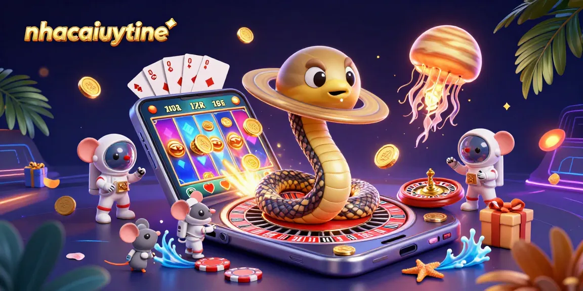 Engage with nhacaiuytinne’s vibrant cosmic casino theme featuring betting astronaut mice and a roulette-wielding snake.