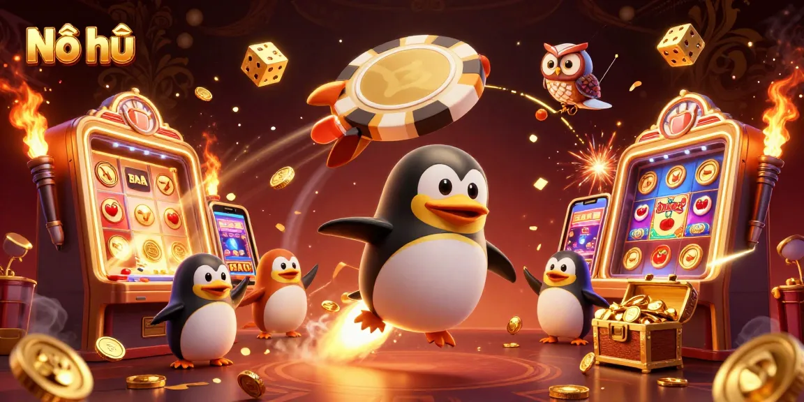 Nổ hũ: Experience a dynamic casino realm with a golden penguin and jackpot explosions.