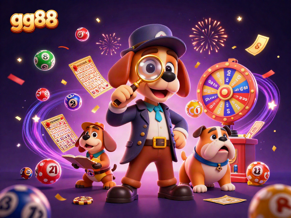 Engage with gg88's thrilling games featuring a detective and a bulldog in a vibrant casino scene.