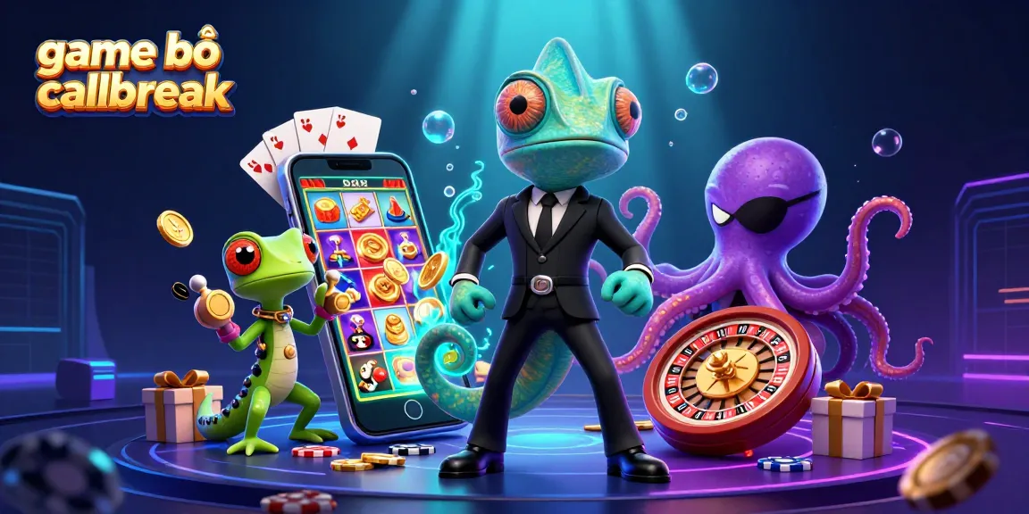 Play tactical game bài callbreak with vibrant characters and dynamic gaming elements in a lively 3D illustration.