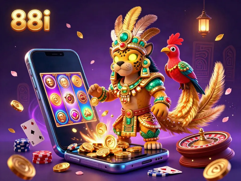 Engage with the interactive world of 88i as a Mayan priest and quetzal bird unveil exciting slot games amidst vibrant casino elements.