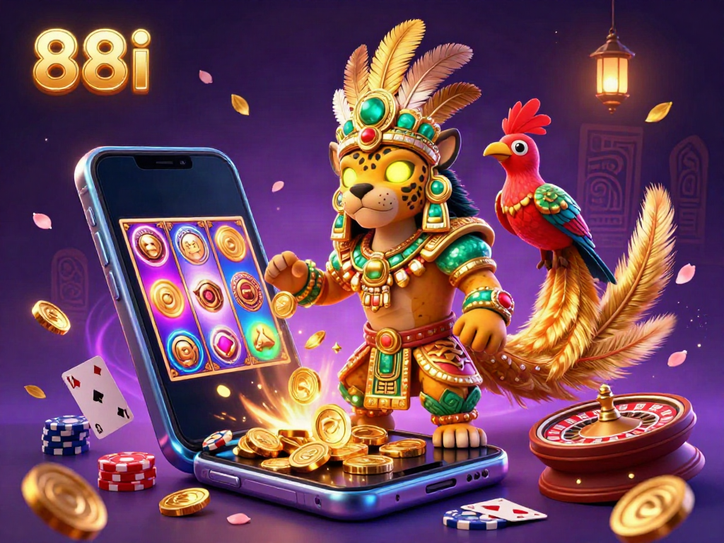Engage with the interactive world of 88i as a Mayan priest and quetzal bird unveil exciting slot games amidst vibrant casino elements.