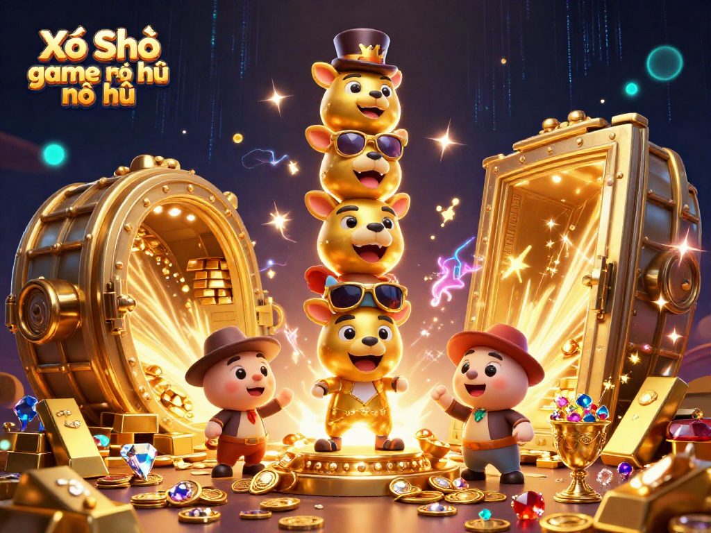 Xổ Số game nổ hũ reveals a vibrant 3D casino theme with dynamic gold treasures and animated characters.