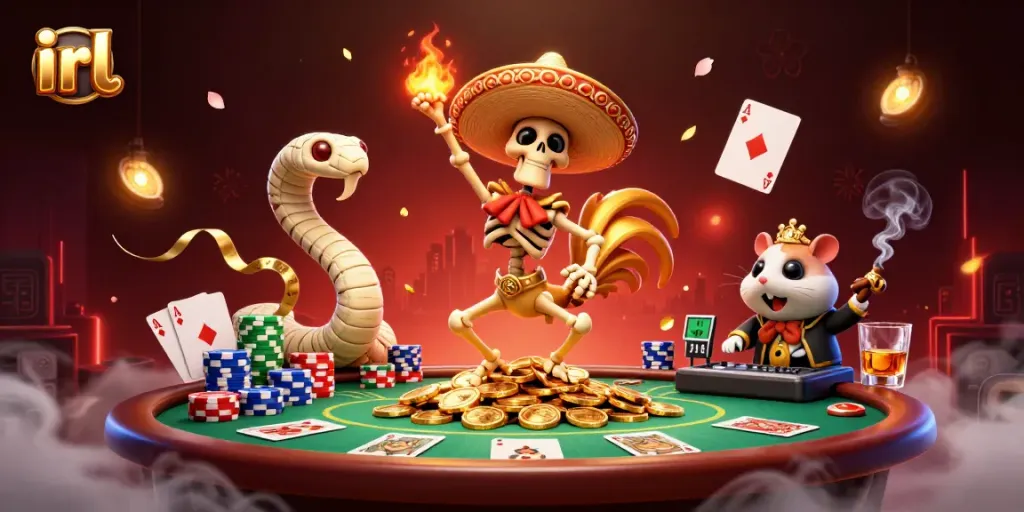 Play with top credit card casinos at irl featuring colorful poker elements and dynamic characters.