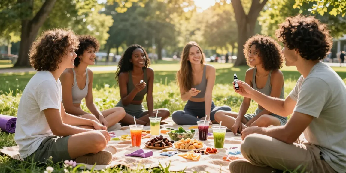 THC vape juice being shared among friends during a lively outdoor picnic, emphasizing a natural wellness lifestyle.