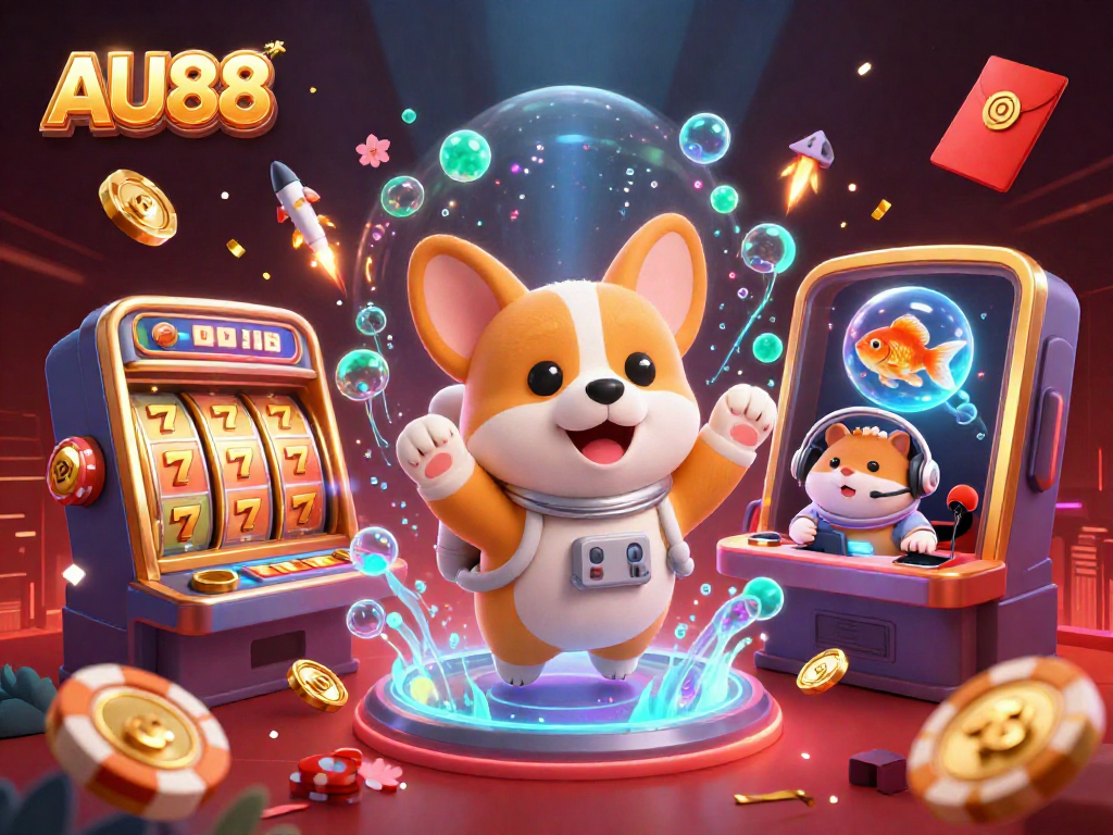 Engage with AU88's casino adventures as a floating corgi explores riches in a vibrant gaming scene.