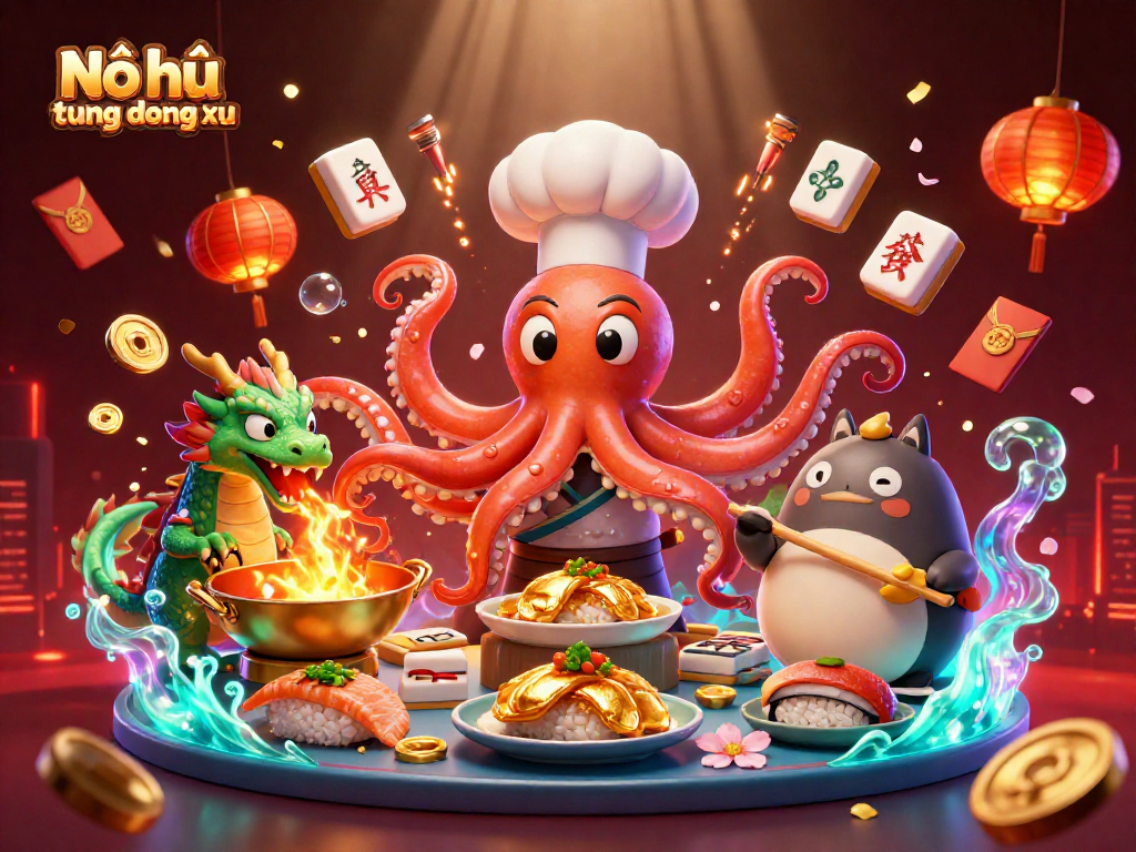 Engaging Nổ hũ tung đồng xu scene showcasing a dynamic octopus chef, dragon, and tanuki amid vibrant casino elements.