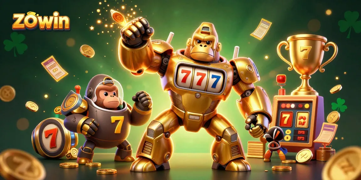 Win big with zo win, a vibrant illustration of a dynamic casino scene featuring a golden gorilla mech.