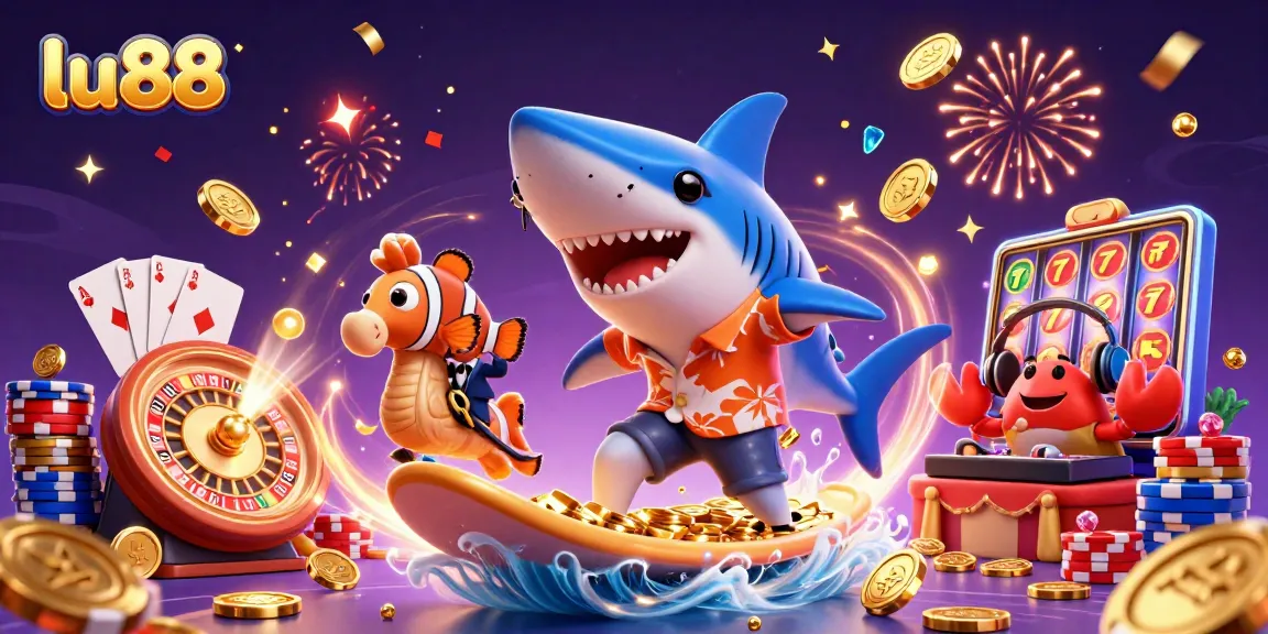 Join the excitement at lu88 with a vibrant underwater casino scene featuring a shark on gold coins!