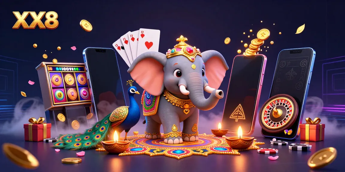 Engage with XX8 slot games amid a colorful and festive 3D Diwali-themed scene.