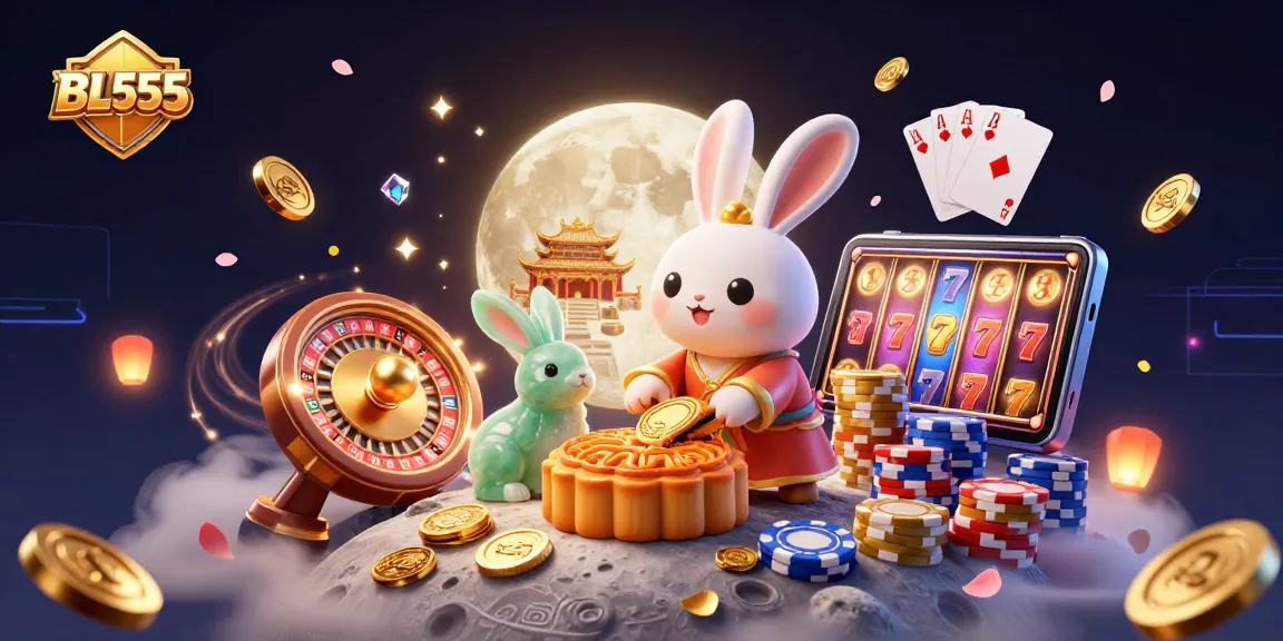 Join the fun at BL555's vibrant casino scene featuring a moon rabbit and gaming elements.