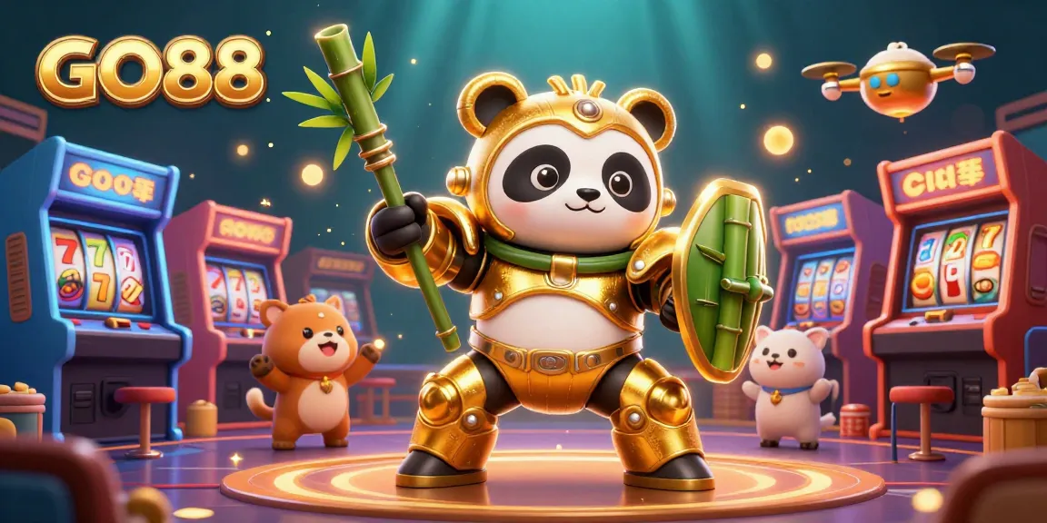 Engage with the vibrant world of GO88, as a golden panda battles in a lively arena filled with energetic gaming elements.