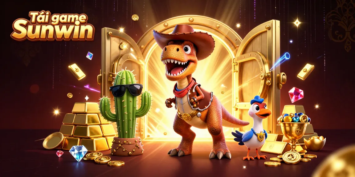Engage with the vibrant world of Tải game Sunwin featuring a T-Rex, cactus, and roadrunner amidst treasures