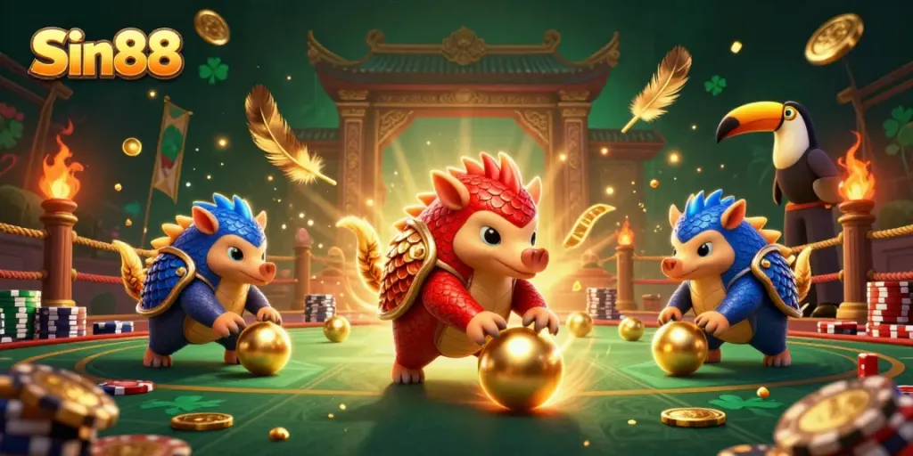 Win big at Sin88 with dynamic pangolin characters amidst poker chips and golden embellishments.