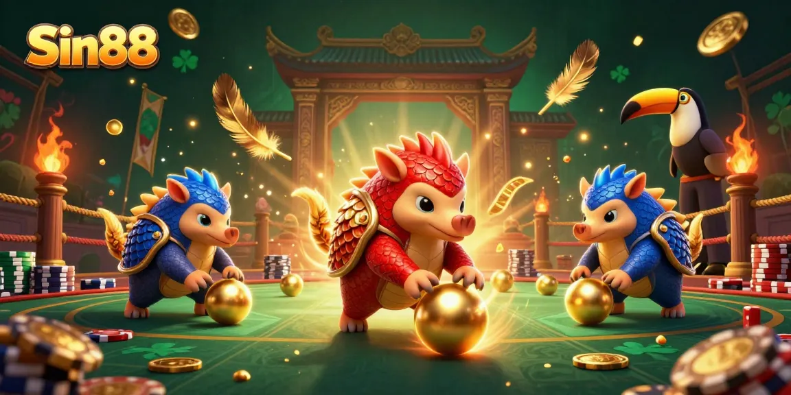 Win big at Sin88 with dynamic pangolin characters amidst poker chips and golden embellishments.