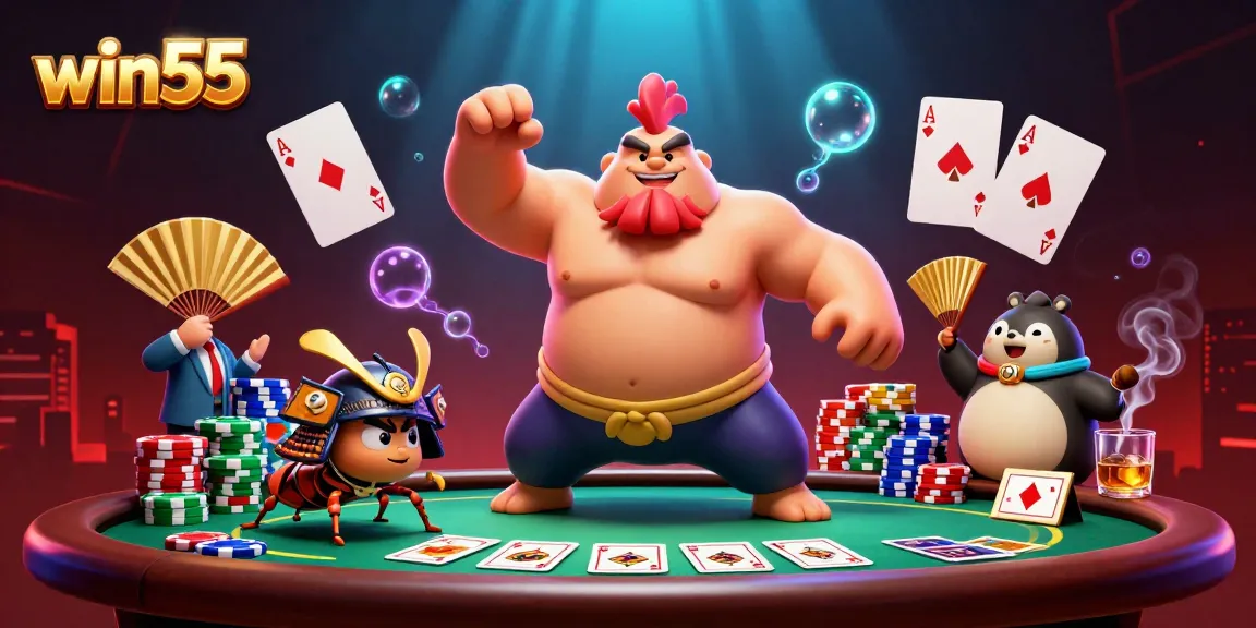 Engage in thrilling poker with win55, a dynamic scene featuring a powerful sumo rooster, samurai cricket, and tanuki.