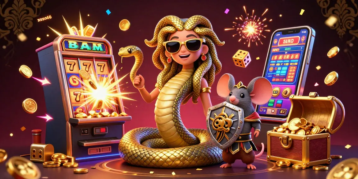 Xoso66's delightful Medusa and warrior mouse celebrate winning with vibrant slot machine effects.
