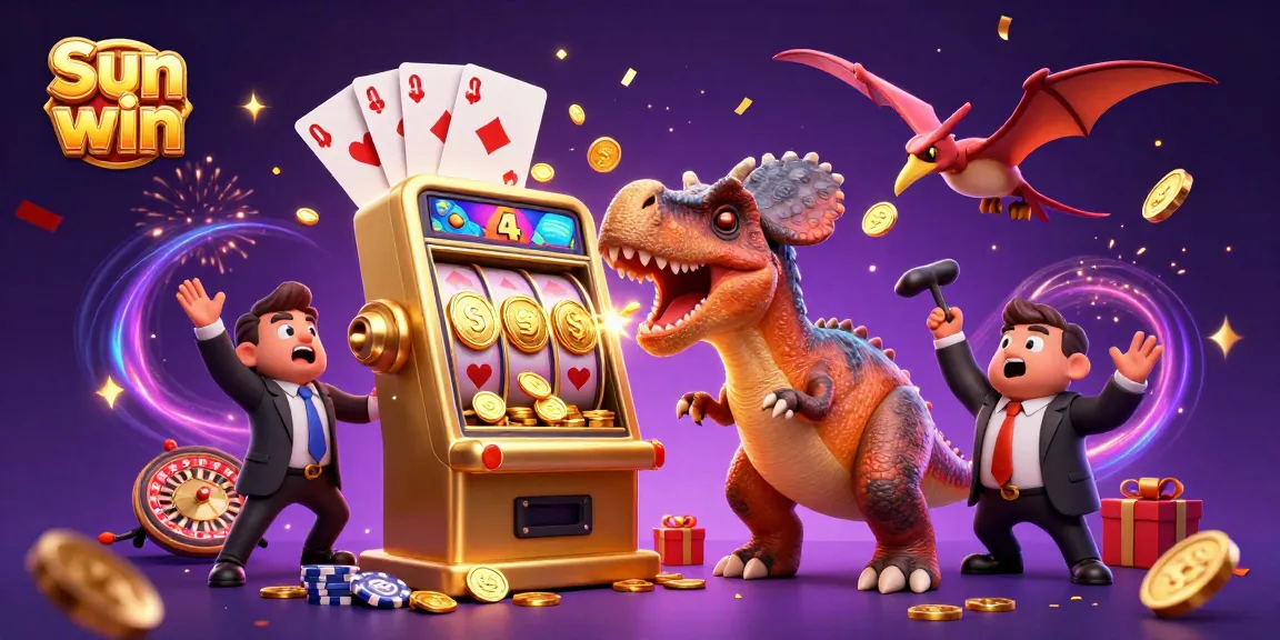Sun win jackpot scene with characters celebrating coins raining down from a slot machine.
