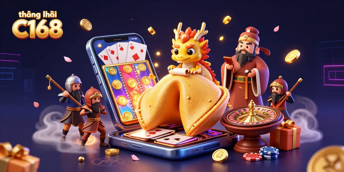 Play slots and win big with thương hiệu C168, featuring a vibrant 3D casino scene filled with fortune and excitement.