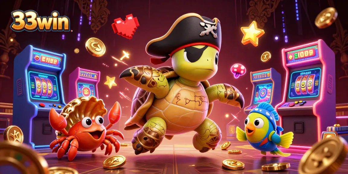 Experience the excitement of 33win with a vibrant 3D casino illustration featuring a pirate turtle and game elements.