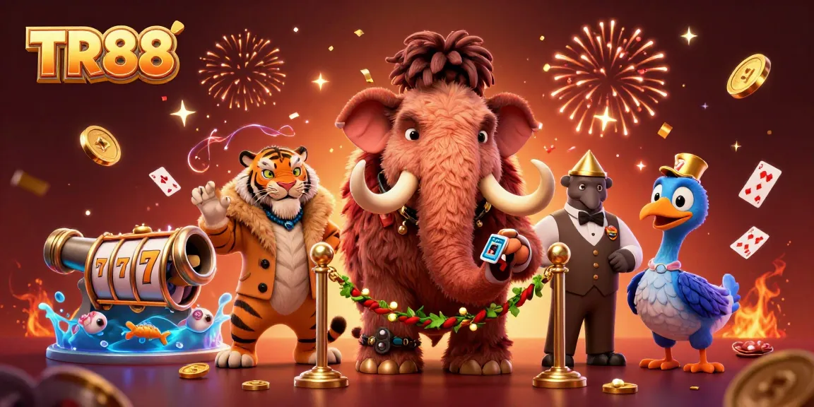 Engaging in gaming excitement at TR88 with a vibrant 3D casino scene featuring whimsical characters and dynamic game elements.
