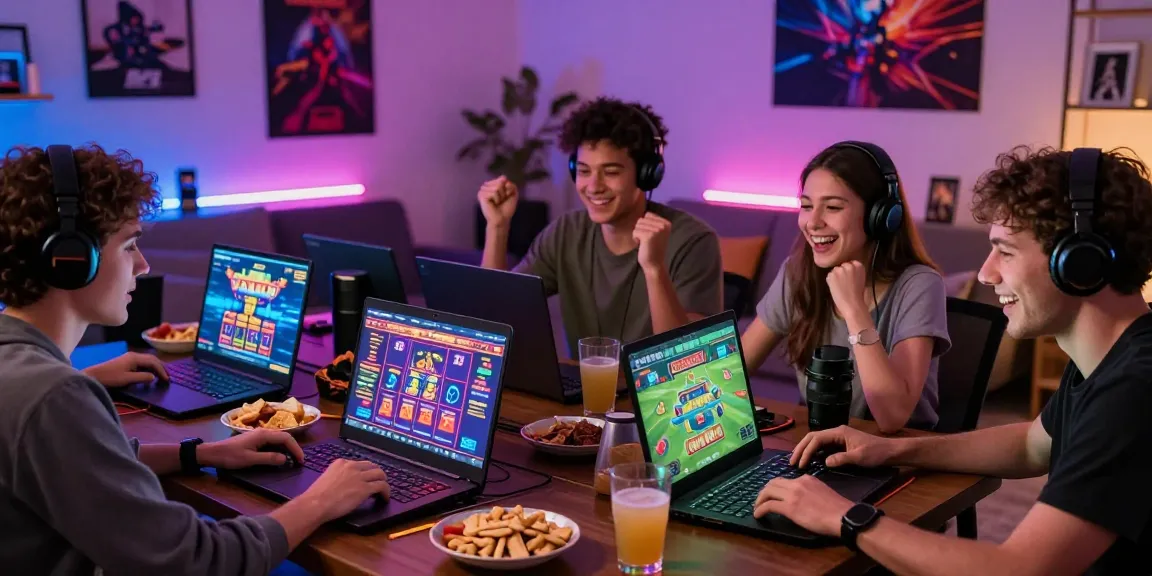 Diverse friends enjoying an online gambling experience with ok 8386 games, vibrant games displayed on laptops in a cozy living room.