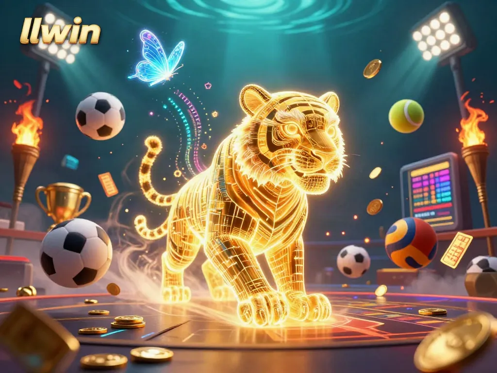 Engage with llwin's vibrant digital casino, featuring a neon tiger, sports motifs, and golden accents.