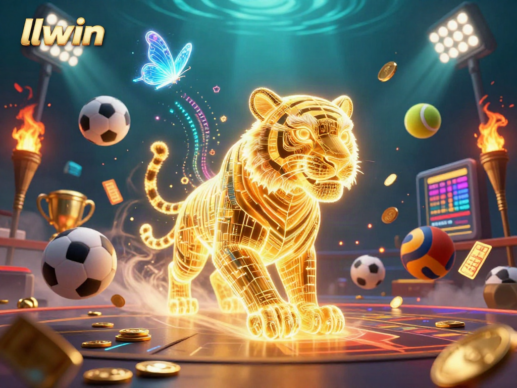 Engage with llwin's vibrant digital casino, featuring a neon tiger, sports motifs, and golden accents.