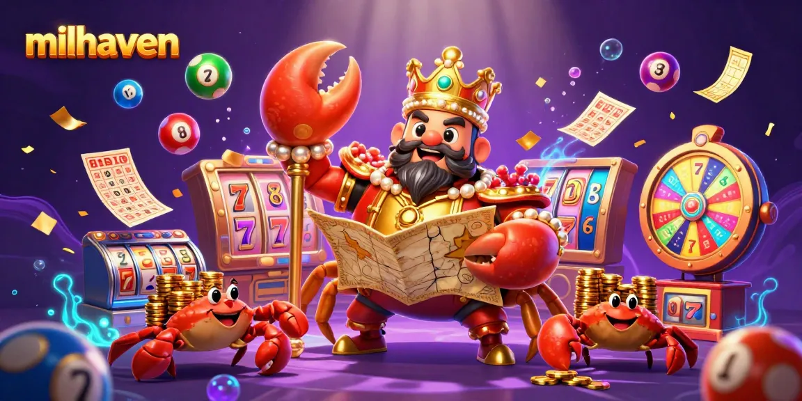 Experience the extraordinary milhaven casino with a golden crab emperor amidst vibrant slot games and lottery elements.