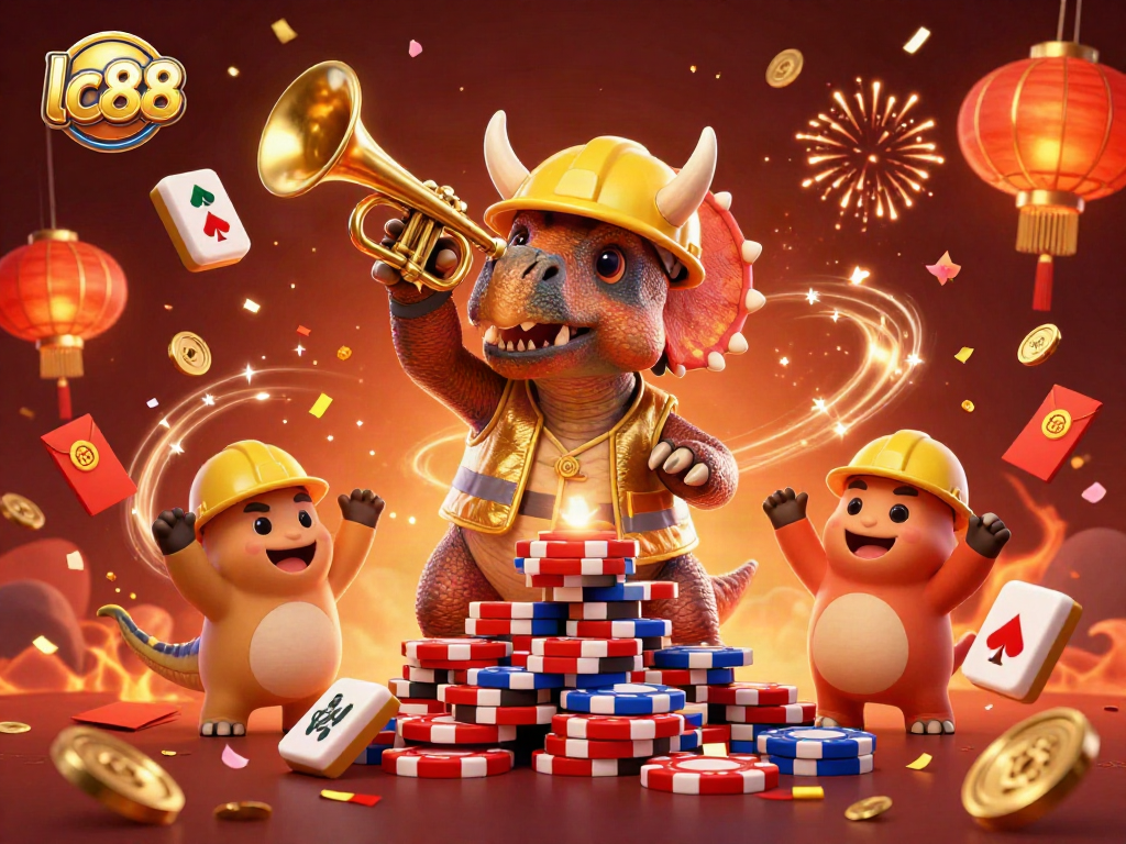 Celebrate with lc88 as a triceratops builds poker chips amidst festive casino elements.