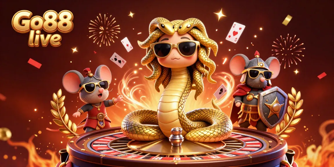 Experience thrilling Go88 live gameplay with a lively Medusa and warrior mouse amid casino elements.