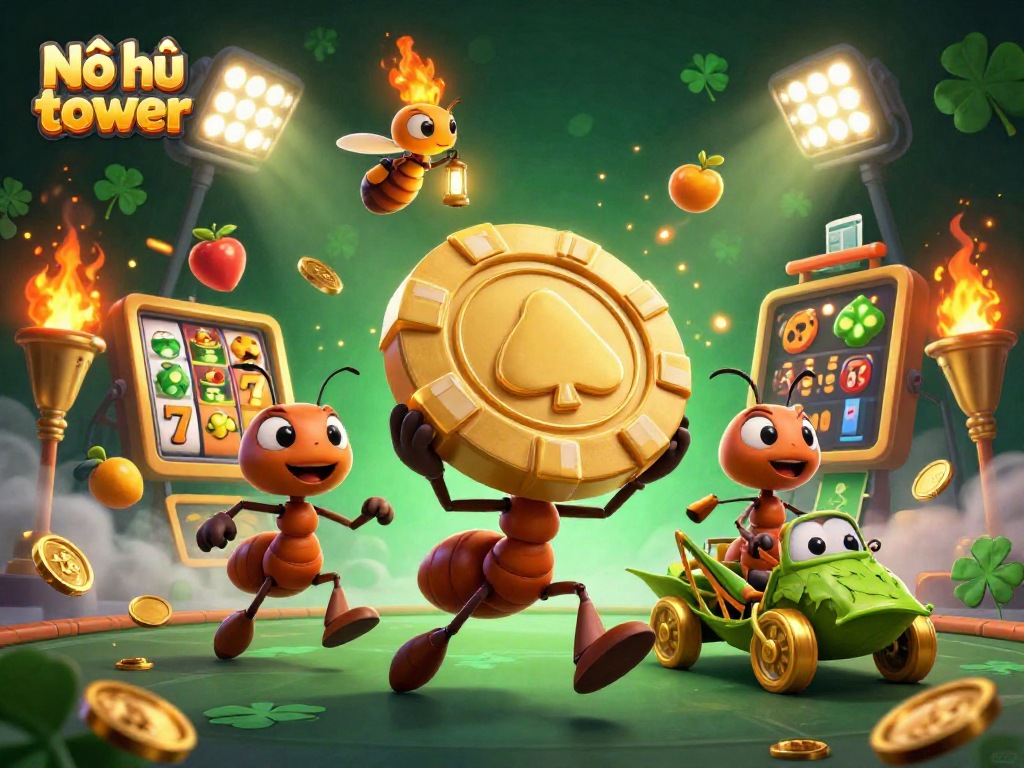 Nổ hũ tower offers thrilling jackpot excitement in a vibrant casino scene with animated slot elements.