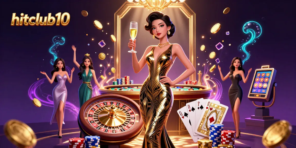 Experience the excitement of hitclub10 with a glamorous casino scene featuring a stylish Asian woman and vibrant gaming elements.
