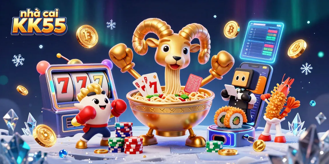 Engage with nhà cái KK55 at a vibrant casino scene featuring a cheerful ramen bowl dealer amidst currency symbols.