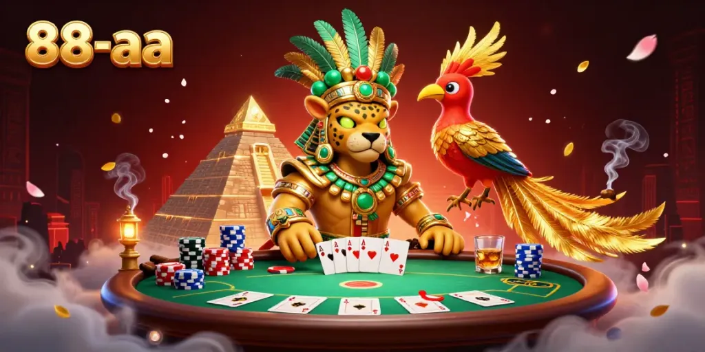 Experience thrilling action at 88-aa poker table with Mayan-inspired characters and vibrant casino elements.
