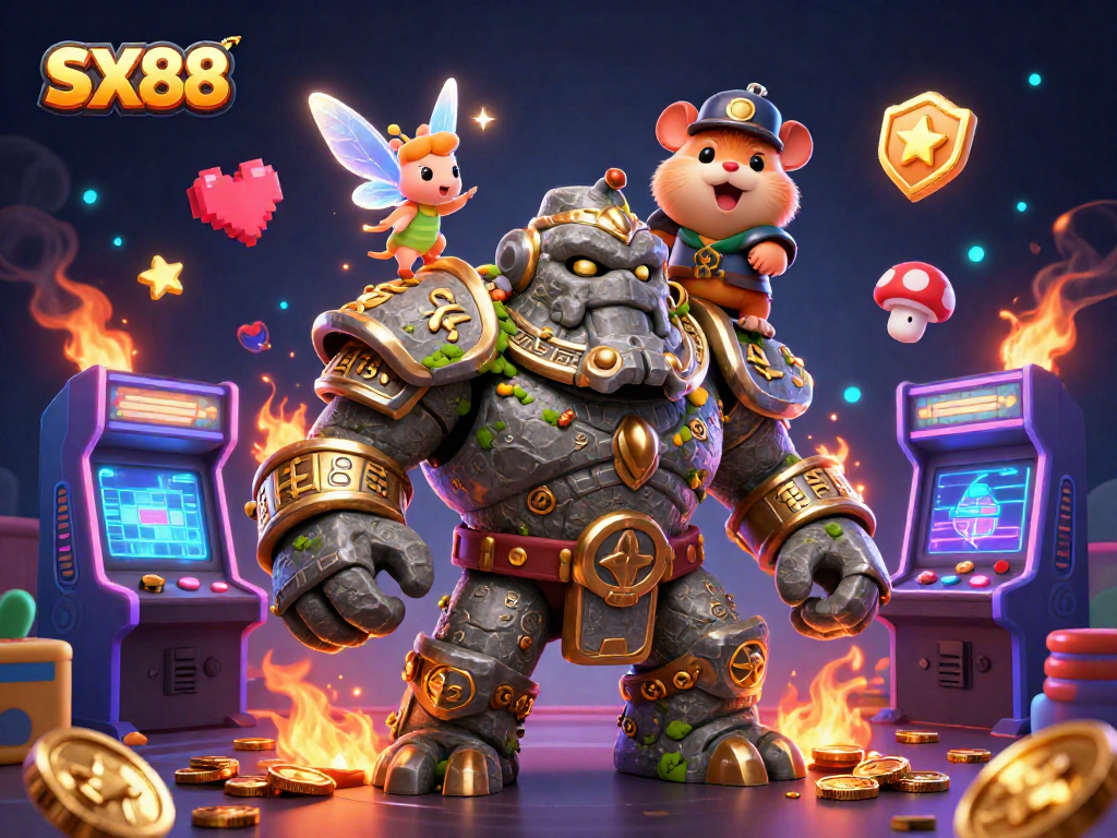 Experience excitement at SX88 with a lively golem guardian and magical gaming elements.