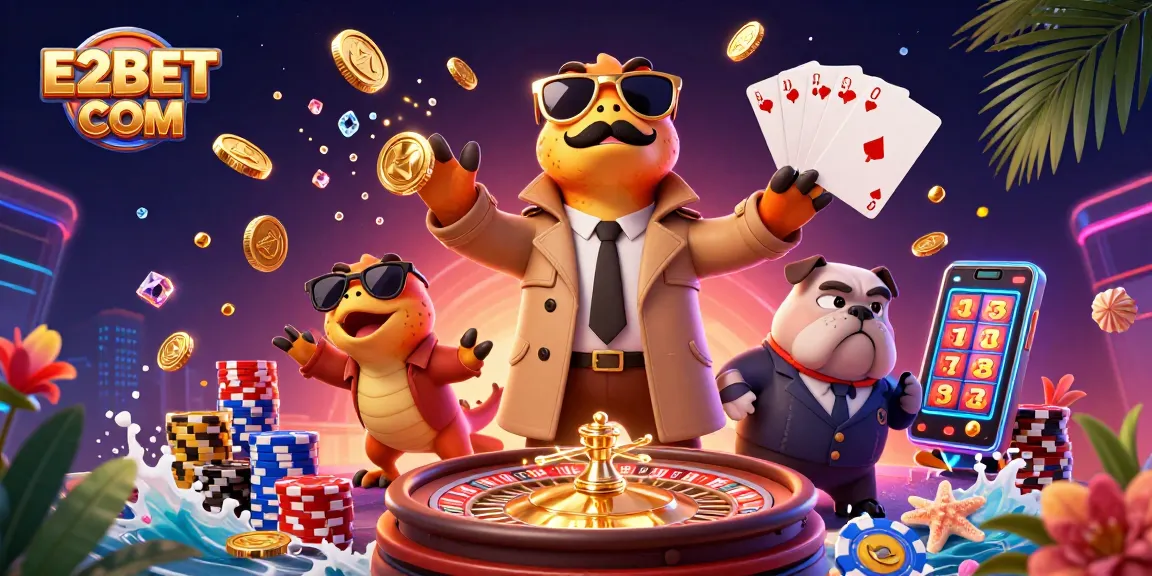 Bet big at E2BET COM with raptors sneaking into a casino lounge amidst coins and slots.